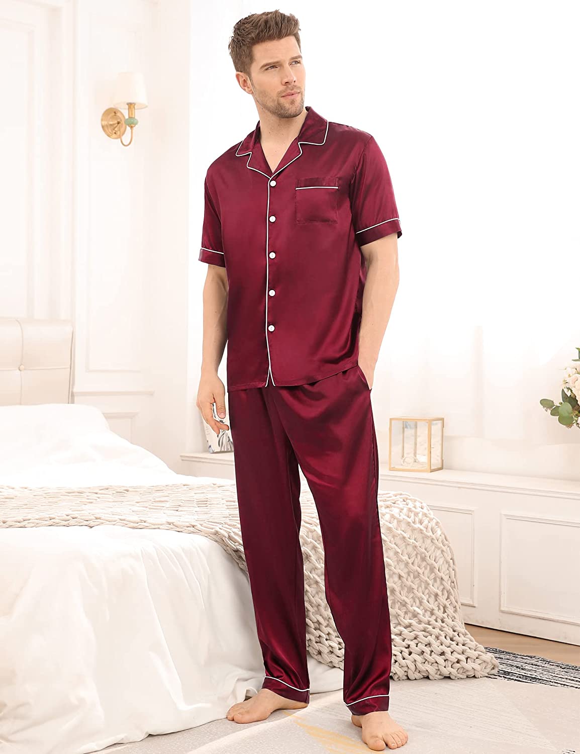 SWOMOG Men's Silk Satin Pajama Set Short Sleeve Classic Sleepwear Button Down Loungewear with Long Pants - Image 3